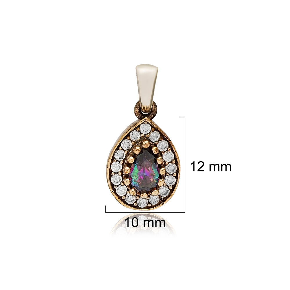Pear Shape Mystic Topaz CZ Stone Authentic Pendant Charm Turkish Handmade Wholesale Silver Jewelry 925 Sterling Silver Authentic Charm
