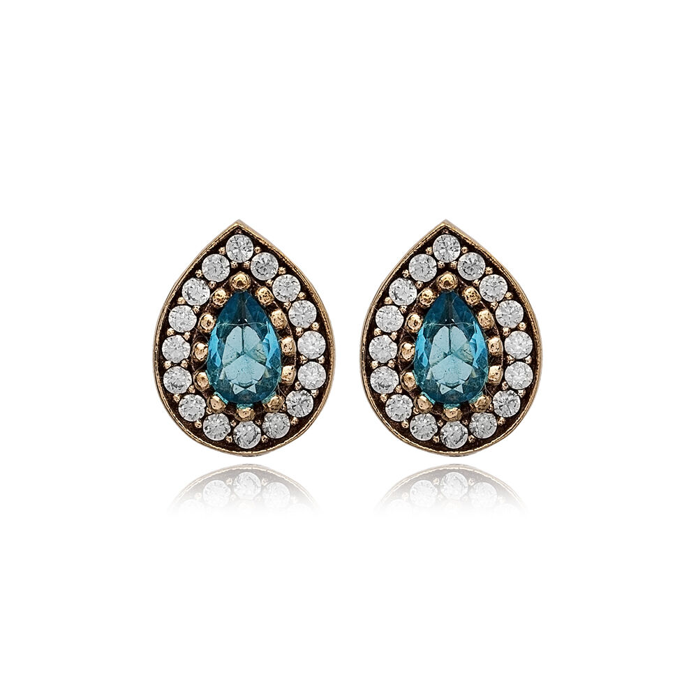 Pear Shape Aquamarine CZ Stone Stone Authentic Stud Earrings Turkish Handmade Wholesale Jewelry 925 Sterling Silver Earrings