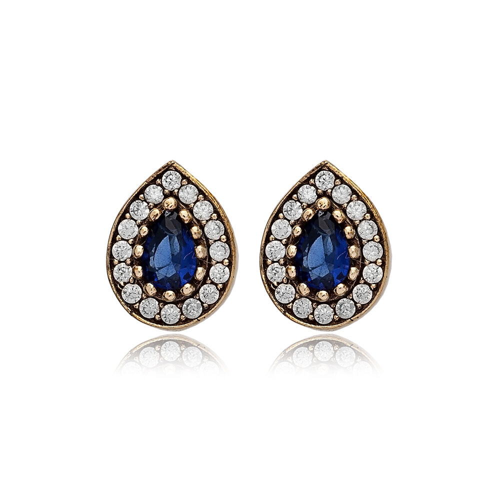 Pear Shape Sapphire CZ Stone Stone Authentic Stud Earrings Turkish Handmade Wholesale 925 Sterling Silver Jewelry