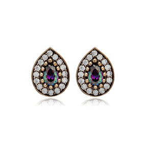 Pear Shape Mystic Topaz CZ Stone Authentic Stud Earrings Turkish Handmade Wholesale Jewelry 925 Sterling Silver Earrings