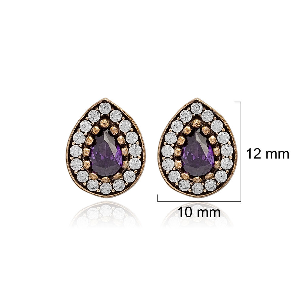Pear Shape Amethyst CZ Stone Authentic Stud Earrings Turkish Handmade Wholesale 925 Sterling Silver Jewelry