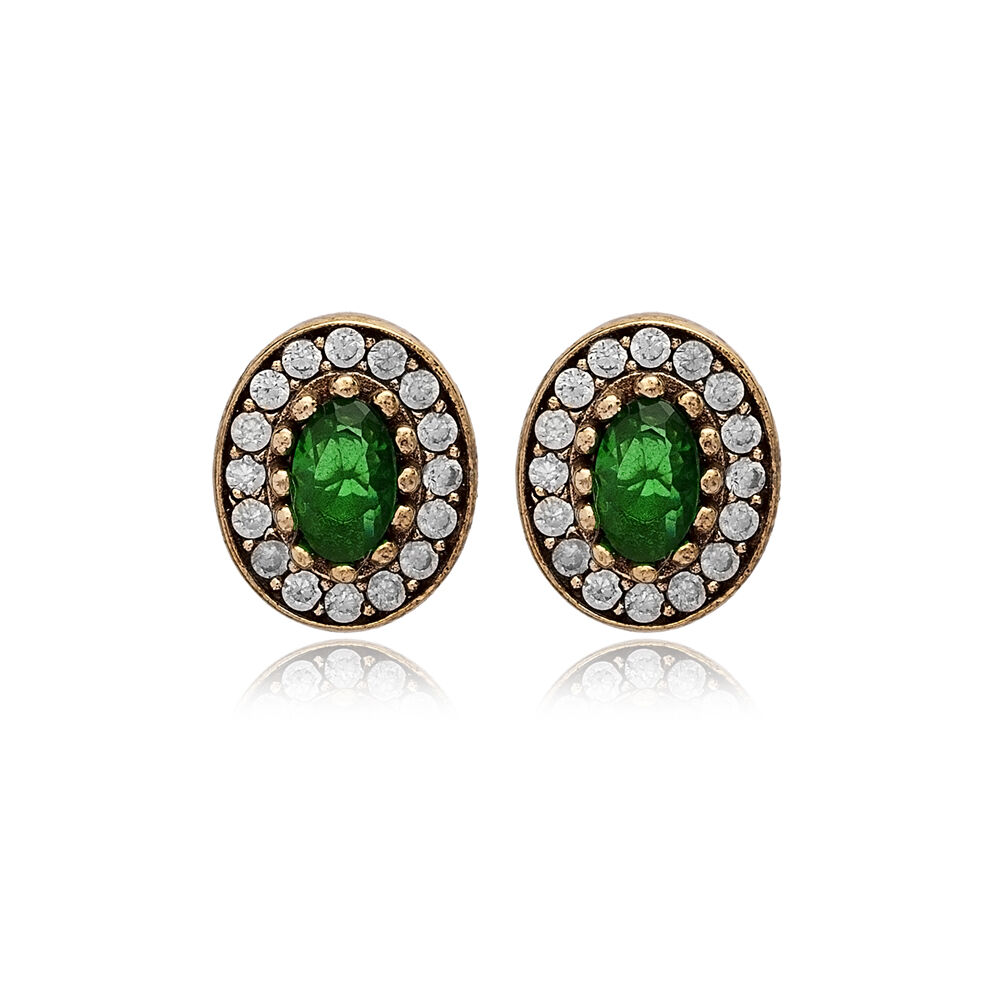 Oval Shape Emerald CZ Stone Authentic Stud Earrings Turkish Handmade Wholesale Jewelry 925 Sterling Silver Earrings