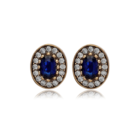 Oval Shape Sapphire CZ Stone Authentic Stud Earrings Turkish Handmade Wholesale Jewelry 925 Sterling Silver Earrings