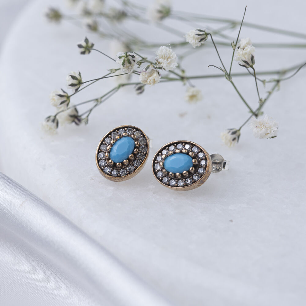 Oval Shape Turquoise CZ Stone Stone Authentic Stud Earrings Turkish Handmade Wholesale 925 Sterling Silver Jewelry