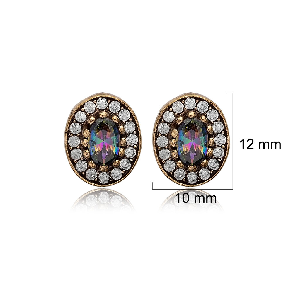 Oval Shape Mystic Topaz CZ Stone Authentic Stud Earrings Turkish Handmade Wholesale Jewelry 925 Sterling Silver Earrings