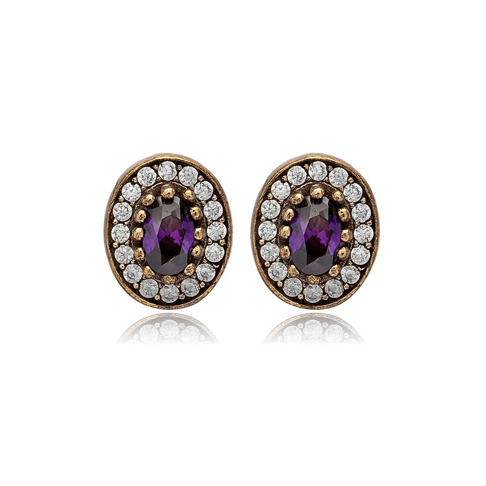 Oval Shape Amethyst CZ Stone Authentic Stud Earrings Turkish Handmade Wholesale Jewelry 925 Sterling Silver Earrings