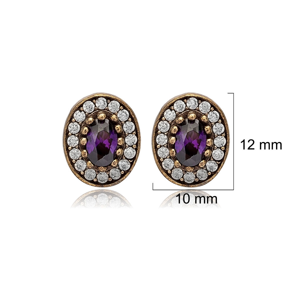 Oval Shape Amethyst CZ Stone Authentic Stud Earrings Turkish Handmade Wholesale Jewelry 925 Sterling Silver Earrings