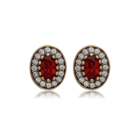 Oval Shape Garnet CZ Stone Authentic Stud Earrings Turkish Handmade Wholesale Jewelry 925 Sterling Silver Earrings