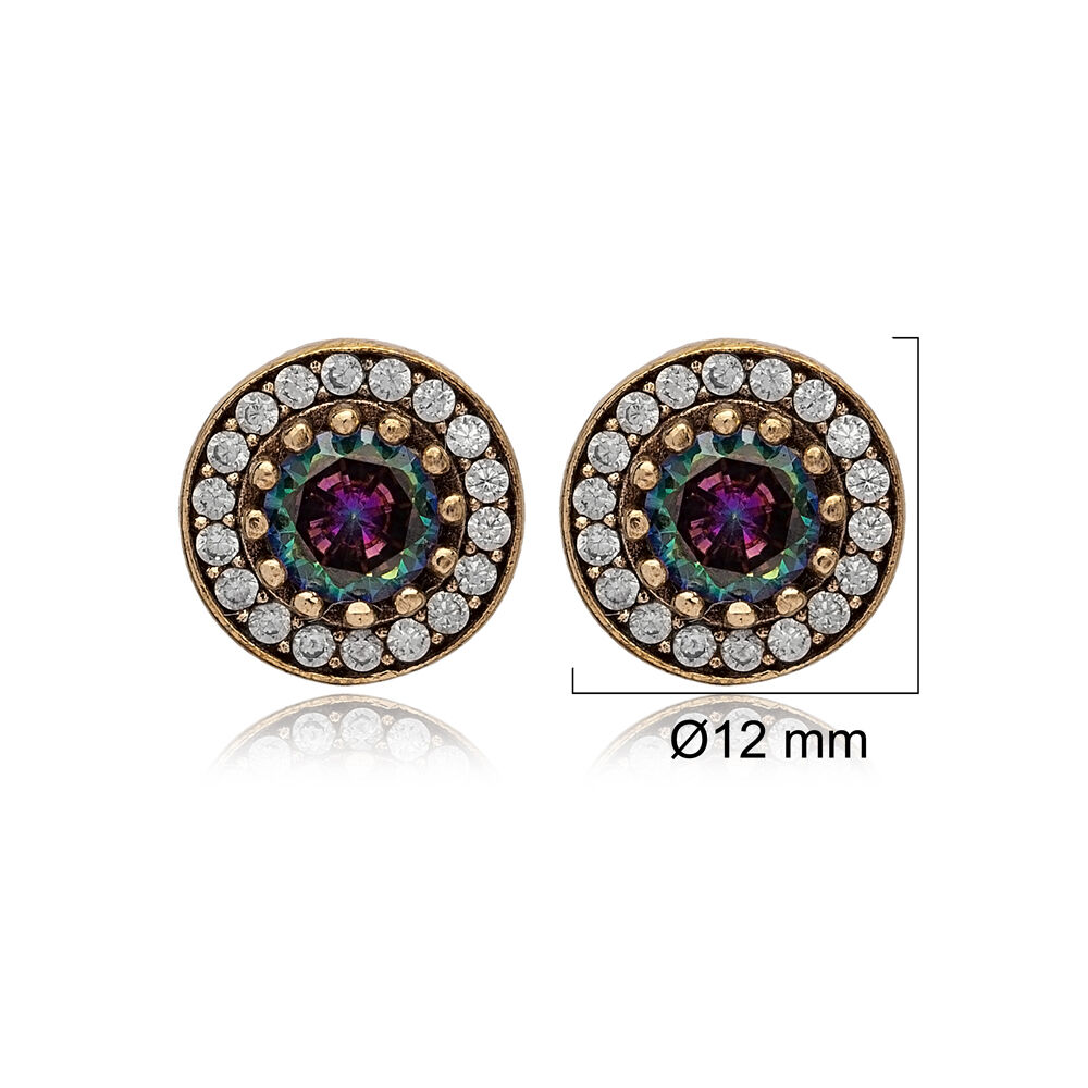 Round Shape Mystic Topaz CZ Stone Authentic Stud Earrings Turkish Handmade Wholesale Jewelry 925 Sterling Silver Earrings