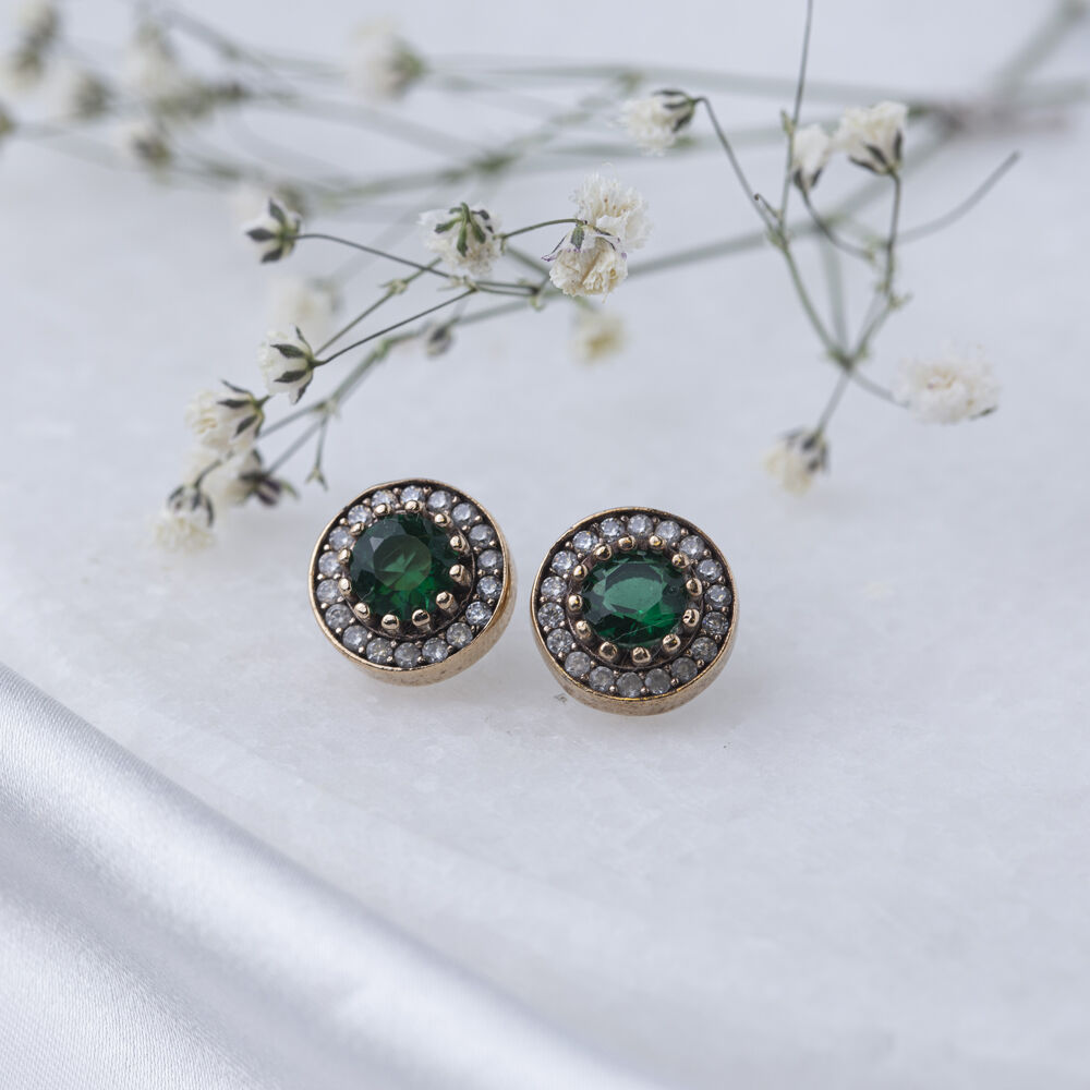 Round Shape Emerald CZ Stone Authentic Stud Earrings Turkish Handmade Wholesale Jewelry 925 Sterling Silver Earrings
