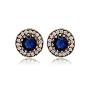 Round Shape Sapphire CZ Stone Authentic Stud Earrings Turkish Handmade Wholesale Jewelry 925 Sterling Silver Earrings