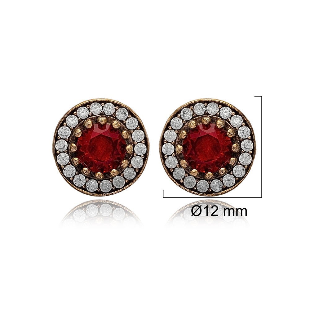 Round Shape Garnet CZ Stone Stone Authentic Stud Earrings Turkish Handmade Wholesale 925 Sterling Silver Jewelry