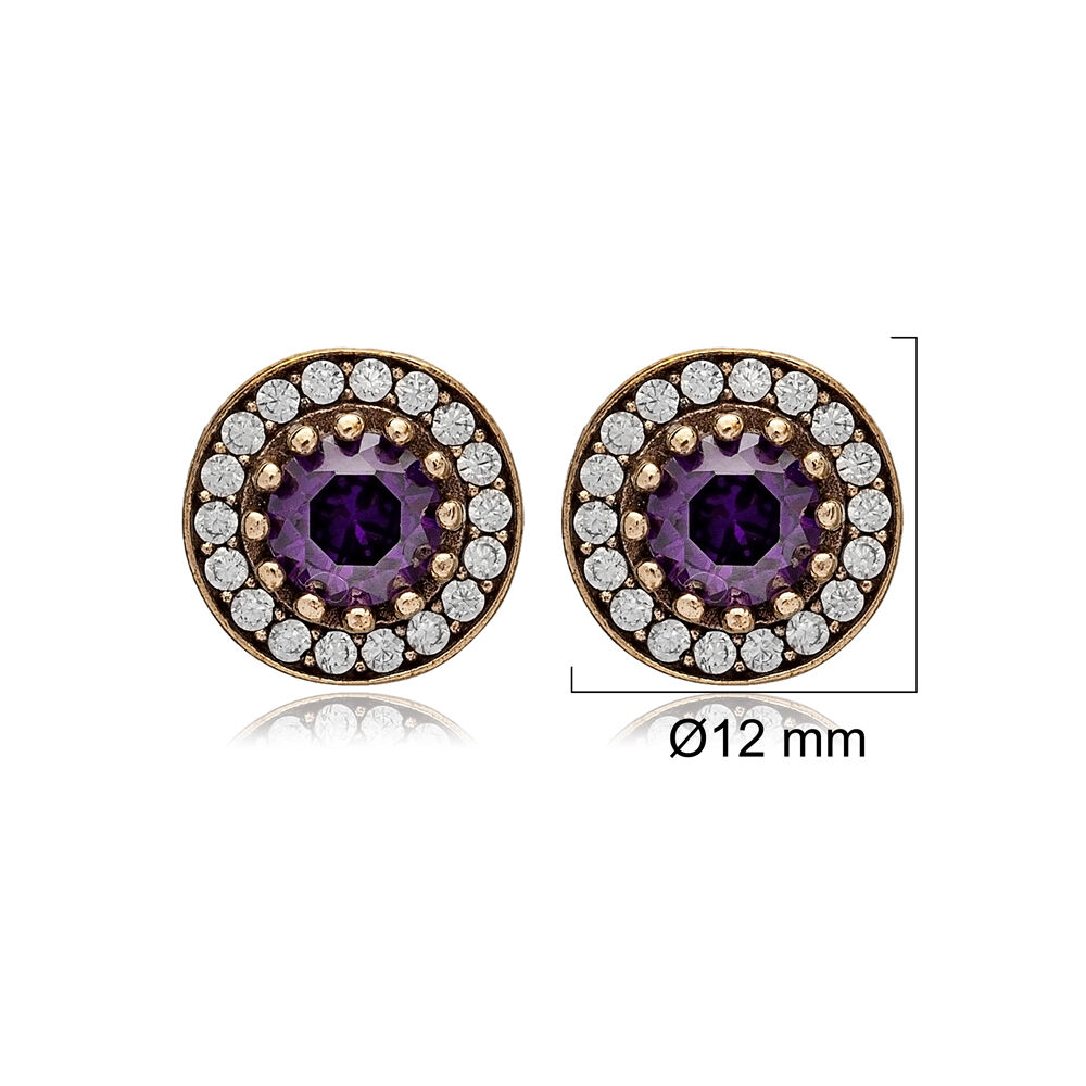 Round Shape Amethyst CZ Stone Stone Authentic Stud Earrings Turkish Handmade Wholesale 925 Sterling Silver Jewelry