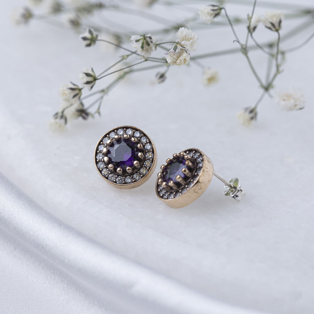 Round Shape Amethyst CZ Stone Stone Authentic Stud Earrings Turkish Handmade Wholesale 925 Sterling Silver Jewelry