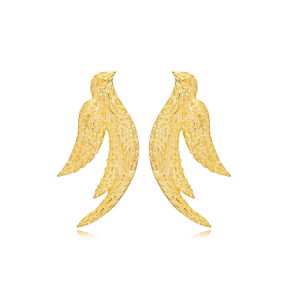 Elegant Bird Design Textured Stud Earrings Handcrafted Turkish 925 Sterling Silver Jewelry