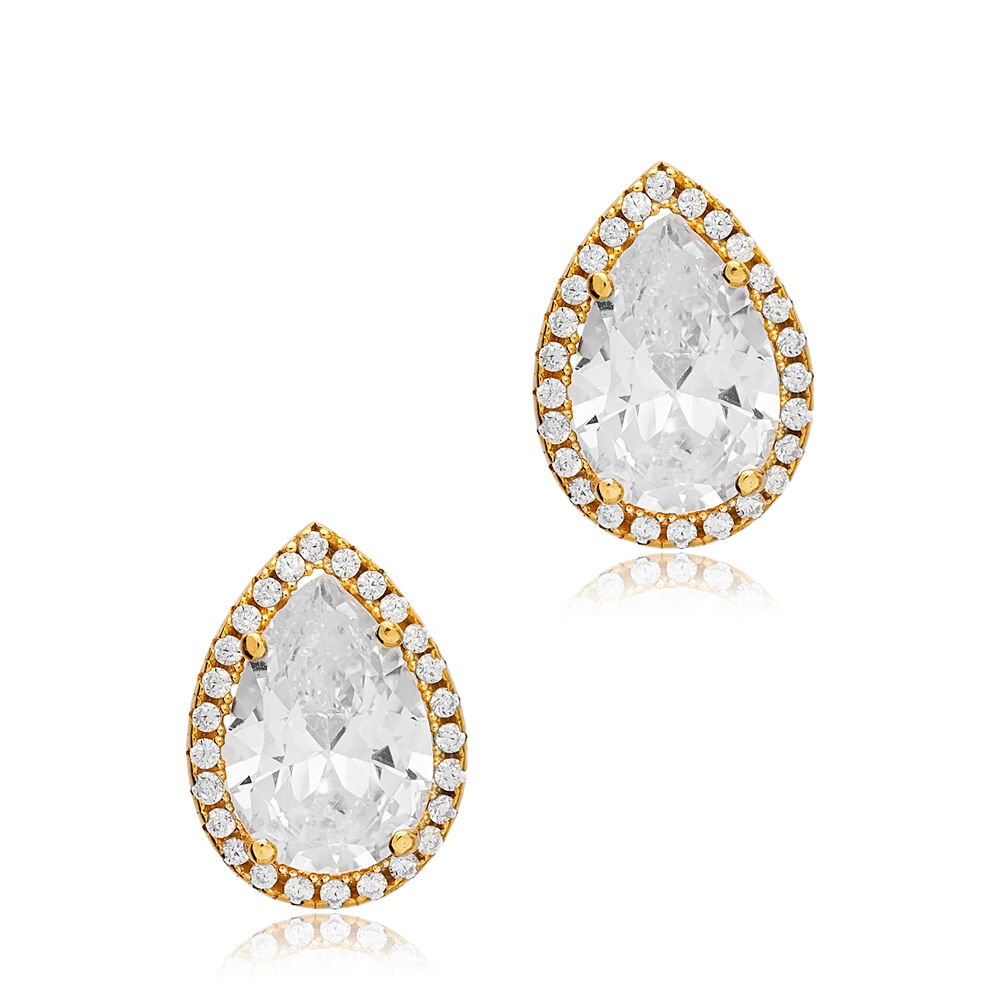 10x13 mm Clear Cubic Zircon Stone Pear Shape Stud Earrings Wholesale Sterling Silver Jewelry