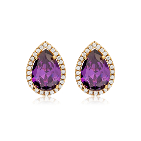 10x13 mm Amethyst Cubic Zircon Stone Pear Shape Stud Earrings 925 Sterling Wholesale Silver Jewelry