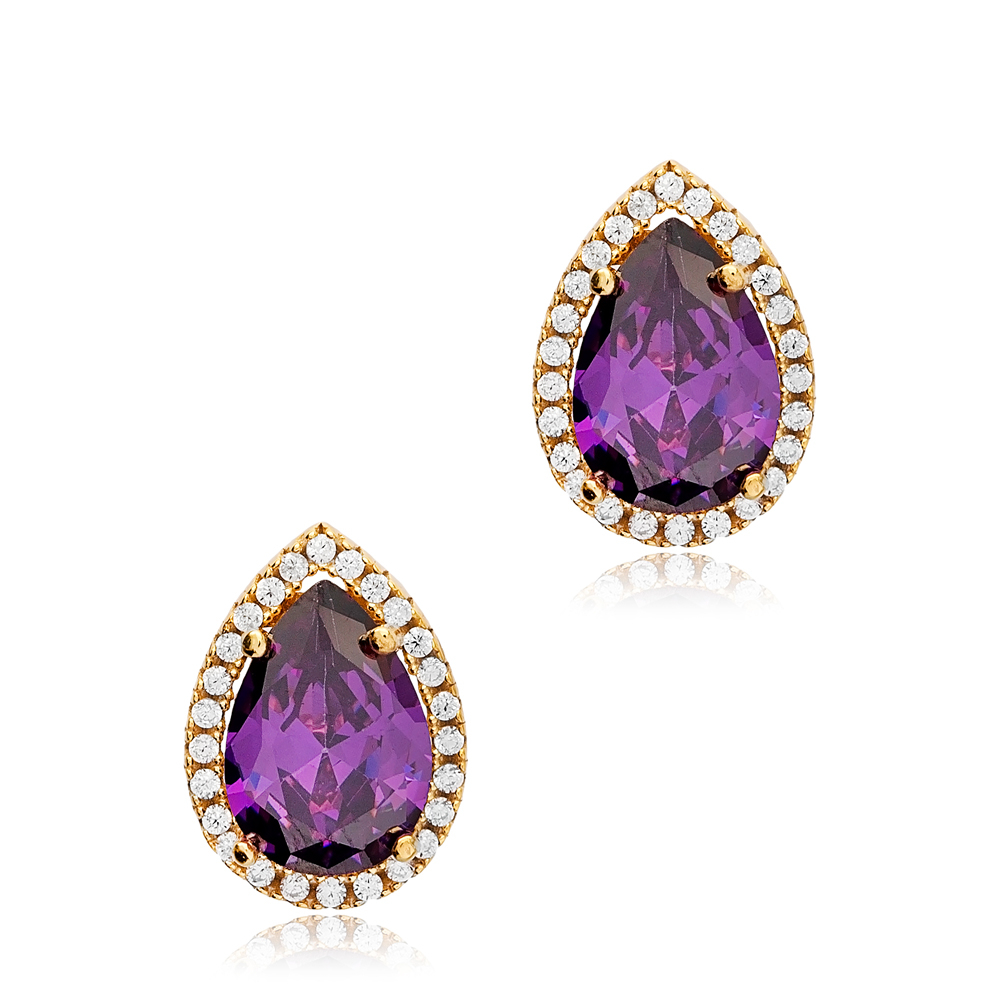 10x13 mm Amethyst Cubic Zircon Stone Pear Shape Stud Earrings 925 Sterling Wholesale Silver Jewelry