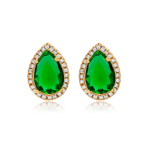 10x13 mm Emerald Cubic Zircon Stone Pear Shape Stud Earrings 925 Sterling Wholesale Silver Jewelry