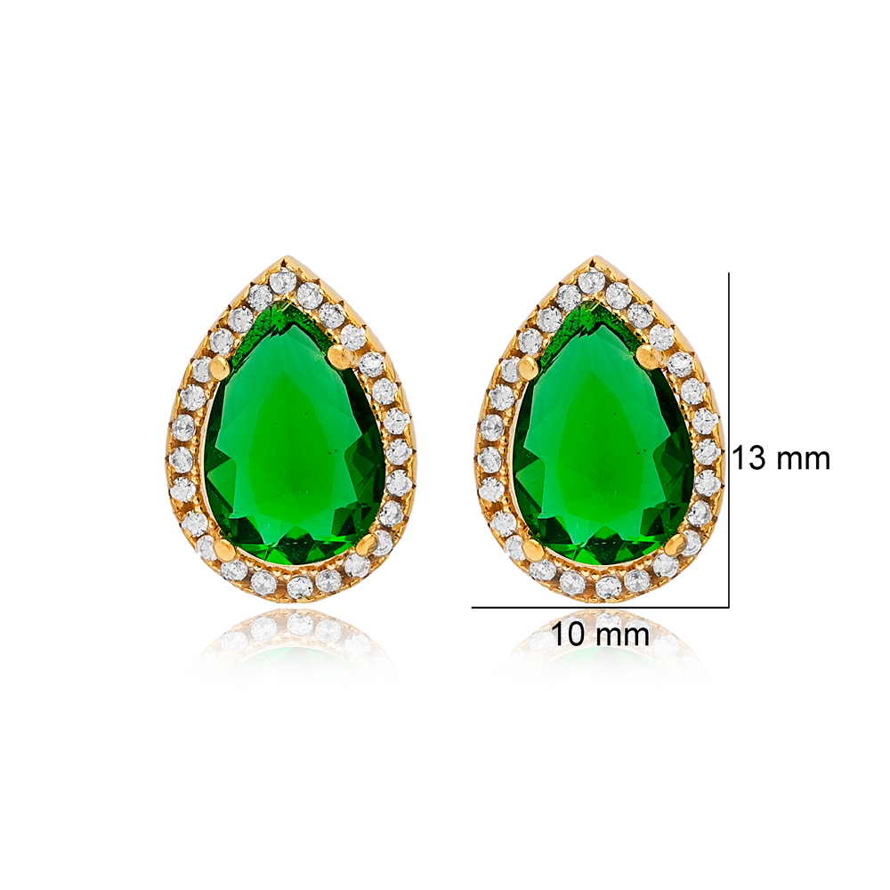 10x13 mm Emerald Cubic Zircon Stone Pear Shape Stud Earrings 925 Sterling Wholesale Silver Jewelry