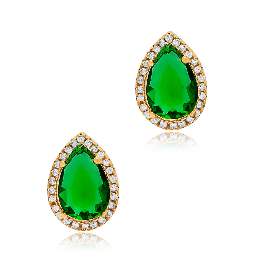 10x13 mm Emerald Cubic Zircon Stone Pear Shape Stud Earrings 925 Sterling Wholesale Silver Jewelry