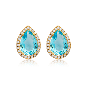 10x13 mm Aquamarine Cubic Zircon Stone Pear Shape Stud Earrings Turkish 925 Wholesale Silver Jewelry