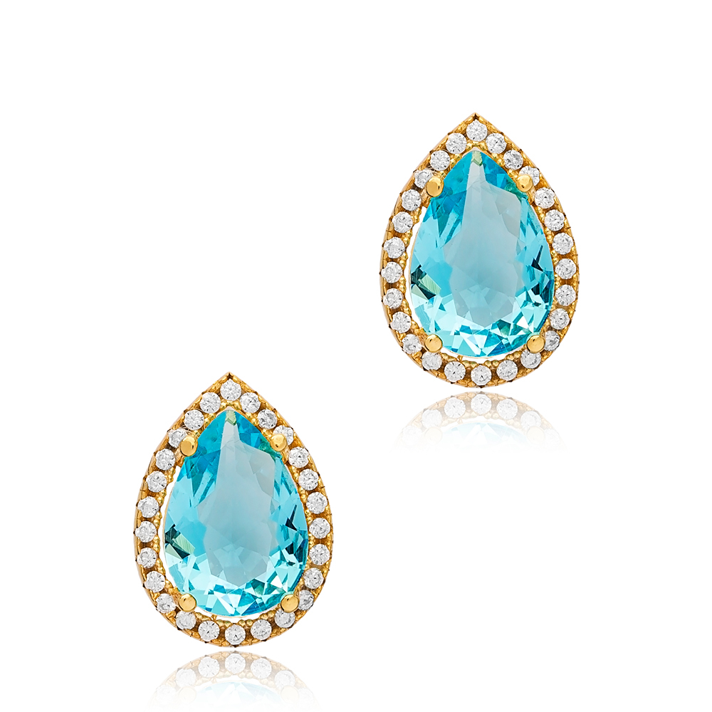 10x13 mm Aquamarine Cubic Zircon Stone Pear Shape Stud Earrings Turkish 925 Wholesale Silver Jewelry