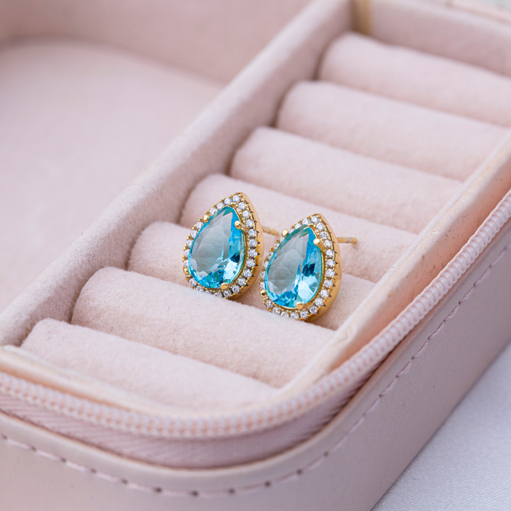 10x13 mm Aquamarine Cubic Zircon Stone Pear Shape Stud Earrings Turkish 925 Wholesale Silver Jewelry