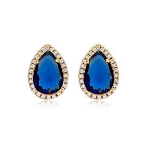 10x13 mm Sapphire Cubic Zircon Stone Pear Shape Stud Earrings 925 Sterling Wholesale Silver Jewelry