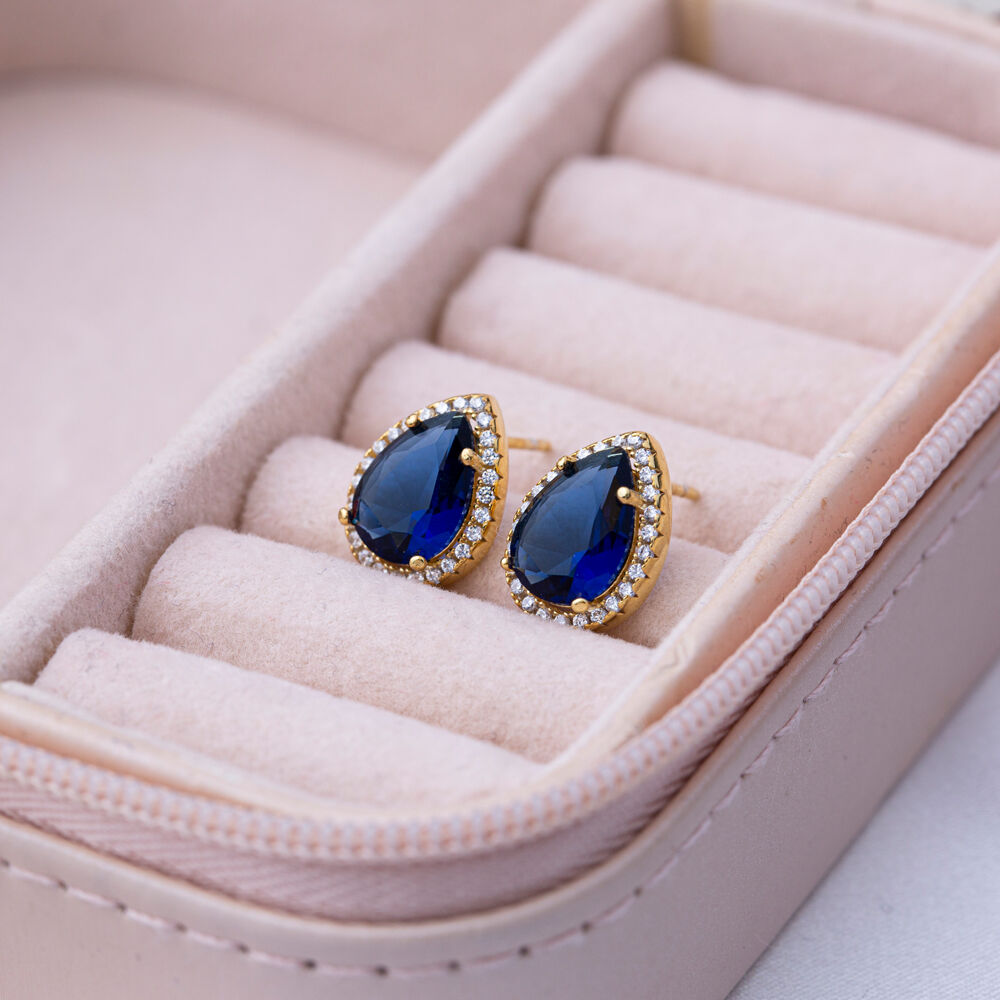 10x13 mm Sapphire Cubic Zircon Stone Pear Shape Stud Earrings 925 Sterling Wholesale Silver Jewelry