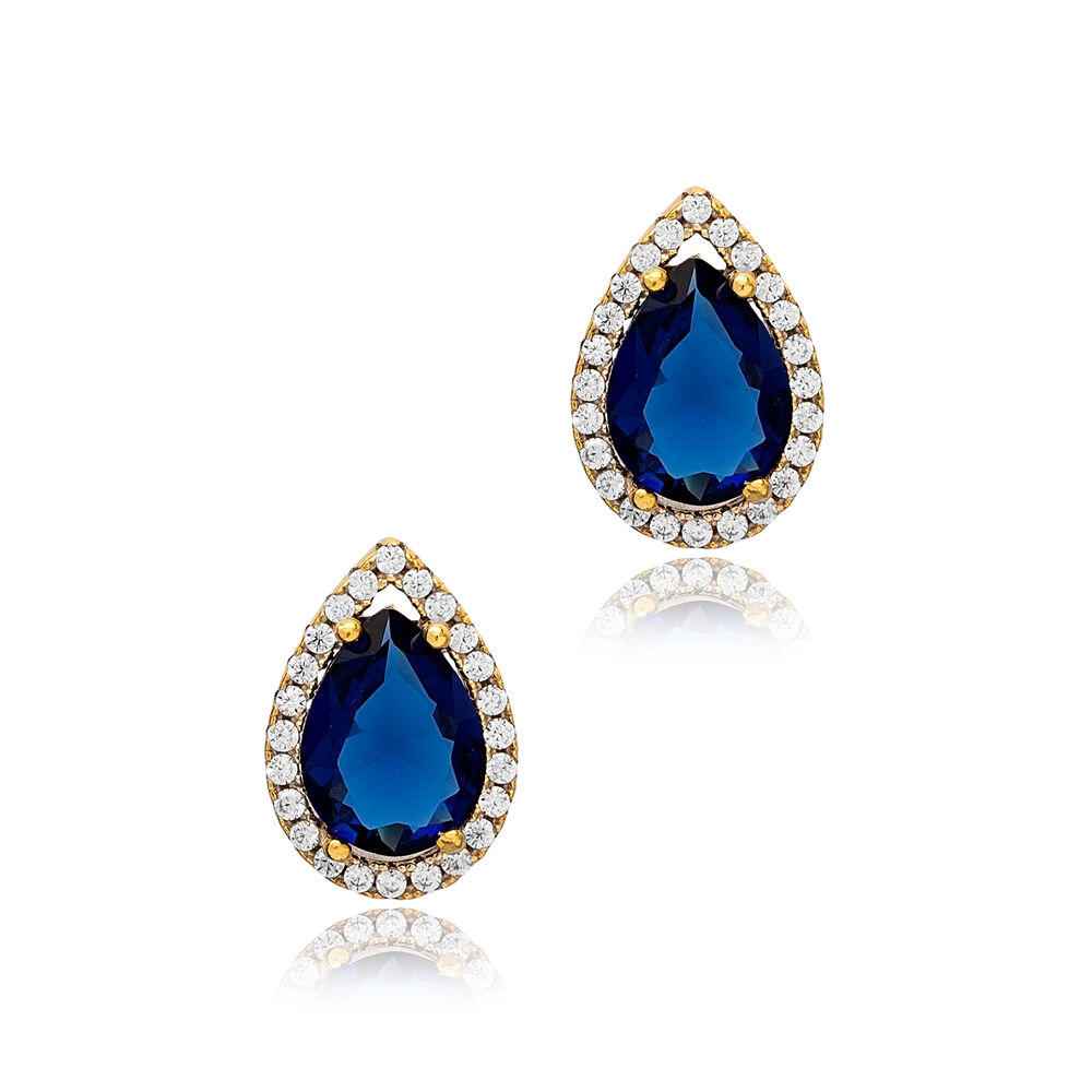 8x12 mm Sapphire Cubic Zircon Stone Pear Shape Stud Earrings 925 Sterling Wholesale Silver Jewelry