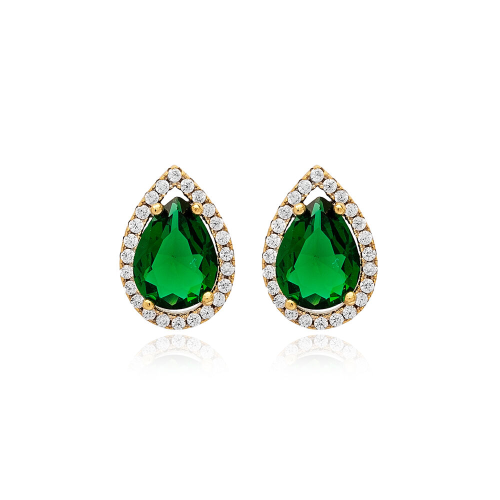 8x12 mm Emerald Cubic Zircon Stone Pear Shape Stud Earrings Wholesale 925 Sterling Silver Jewelry