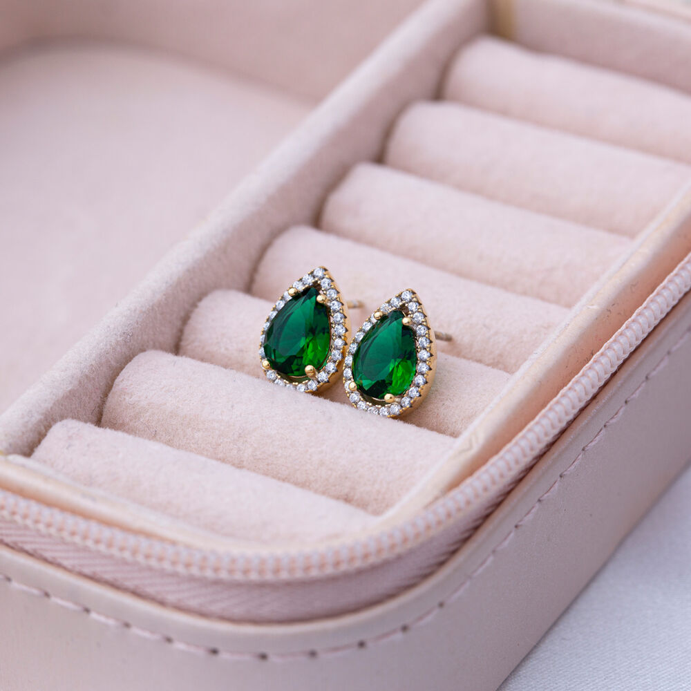 8x12 mm Emerald Cubic Zircon Stone Pear Shape Stud Earrings Wholesale 925 Sterling Silver Jewelry