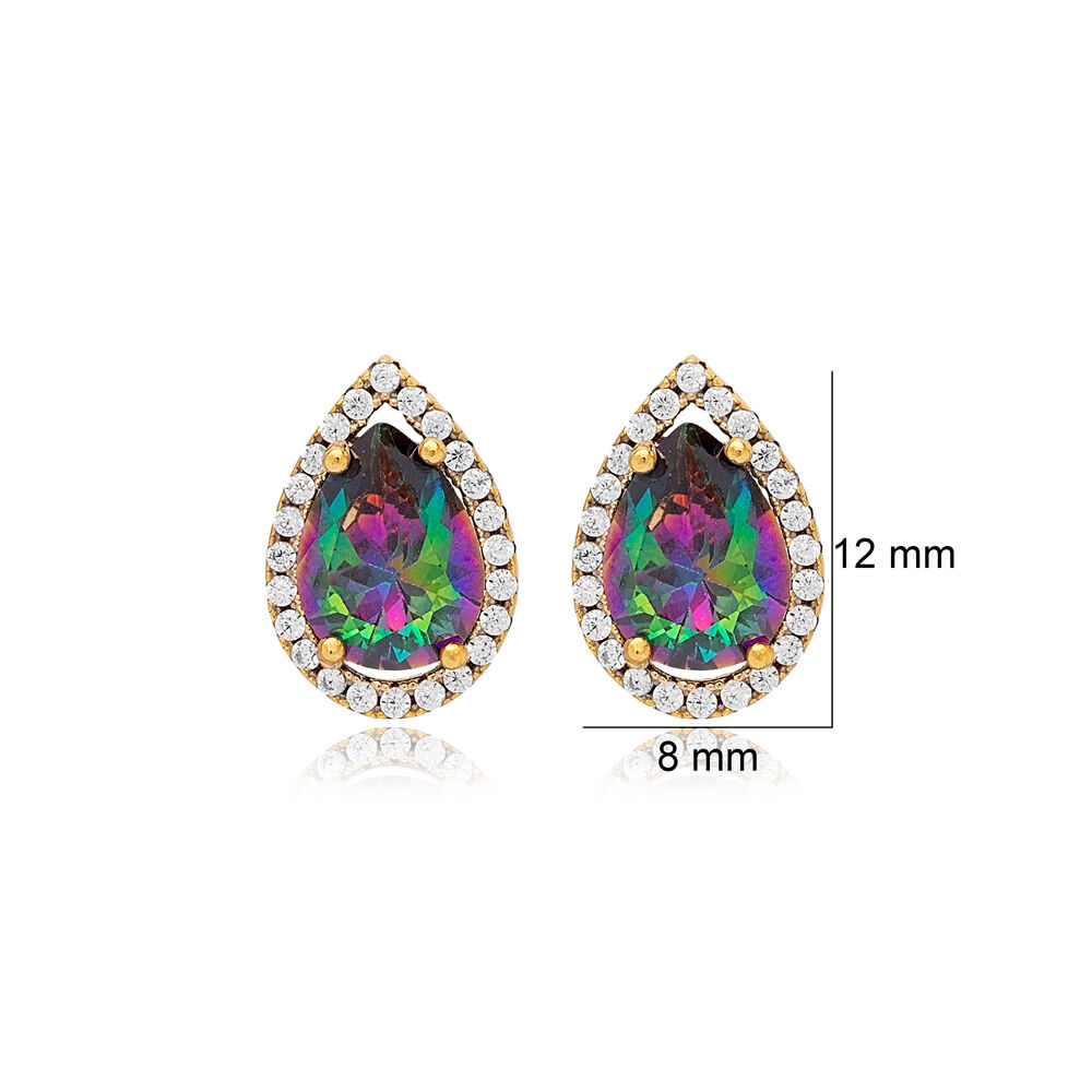 8x12mm Mystic Topaz Cubic Zircon Stone Pear Shape Stud Earrings Wholesale 925 Silver Jewelry