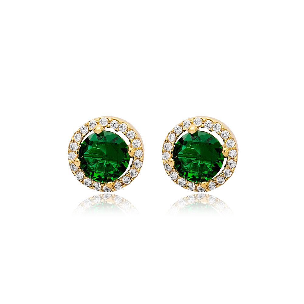 Ø9 mm Emerald CZ Stone Round Design Handmade Wholesale Stud Earrings 925 Sterling Silver Jewelry
