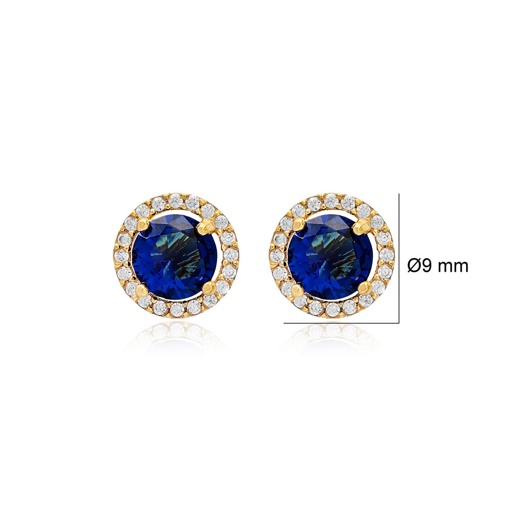 Ø9 mm Sapphire CZ Stone Round Design Stud Earrings Handmade Wholesale 925 Sterling Silver Jewelry