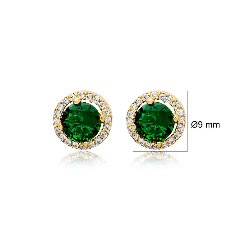 Ø9 mm Emerald CZ Stone Round Design Handmade Wholesale Stud Earrings 925 Sterling Silver Jewelry