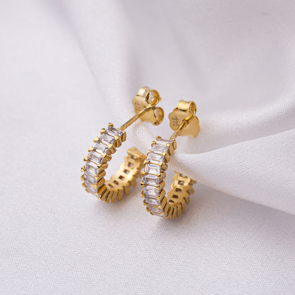 Baguette Trendy 13 mm Hoop CZ Stone Stud Earrings Women Elegant 925 Sterling Wholesale Silver Jewelry