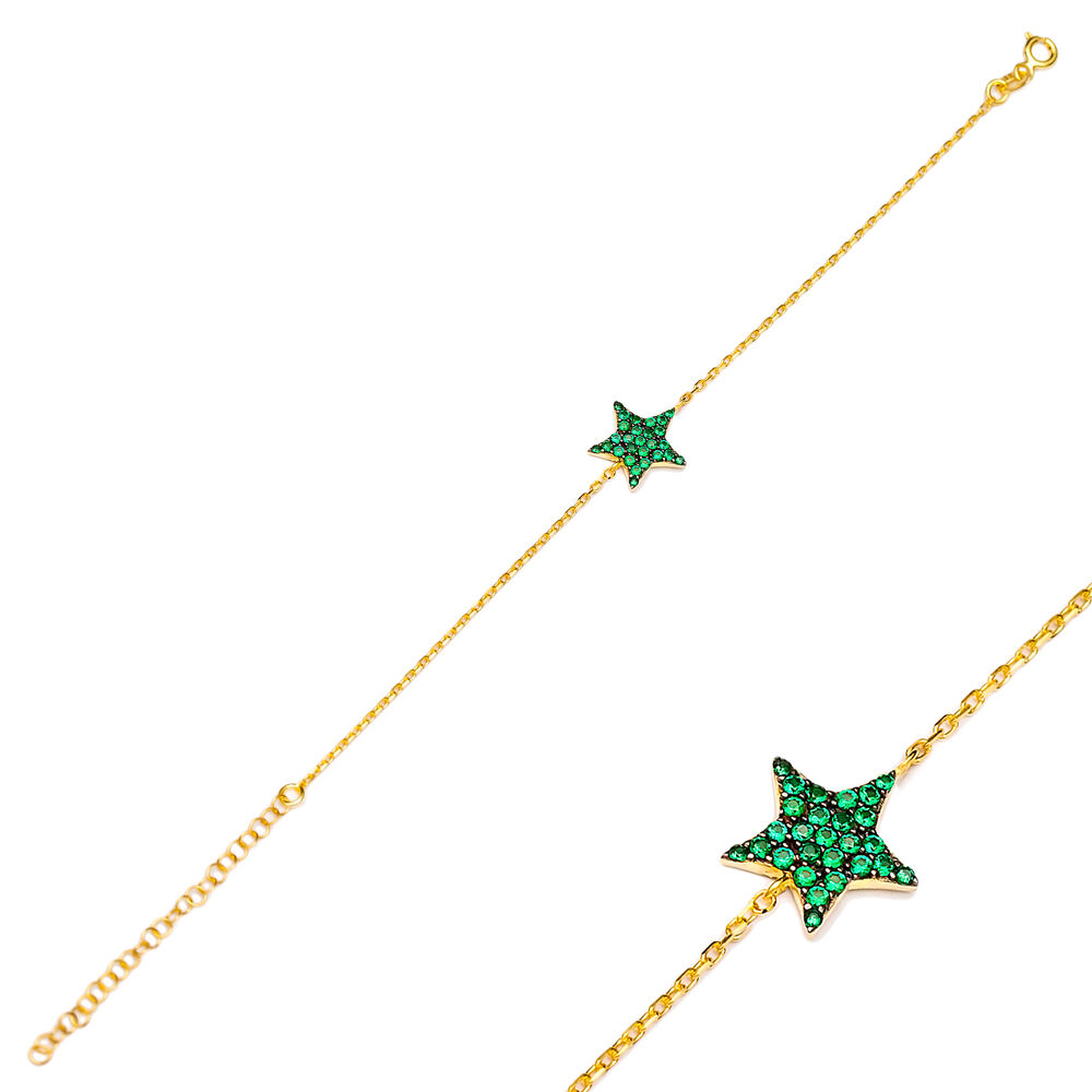 Emerald Cubic Zircon Stone Star Charm Bracelet Wholesale Turkish 925 Sterling Silver Jewelry