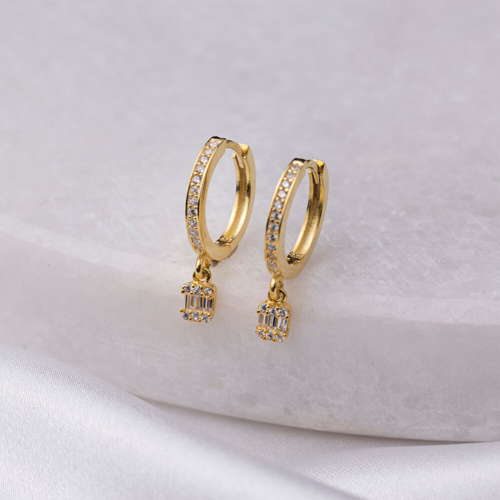 Geometric Baguette Design CZ Stone Dangle Earrings Turkish Wholesale 925 Sterling Silver Jewelry