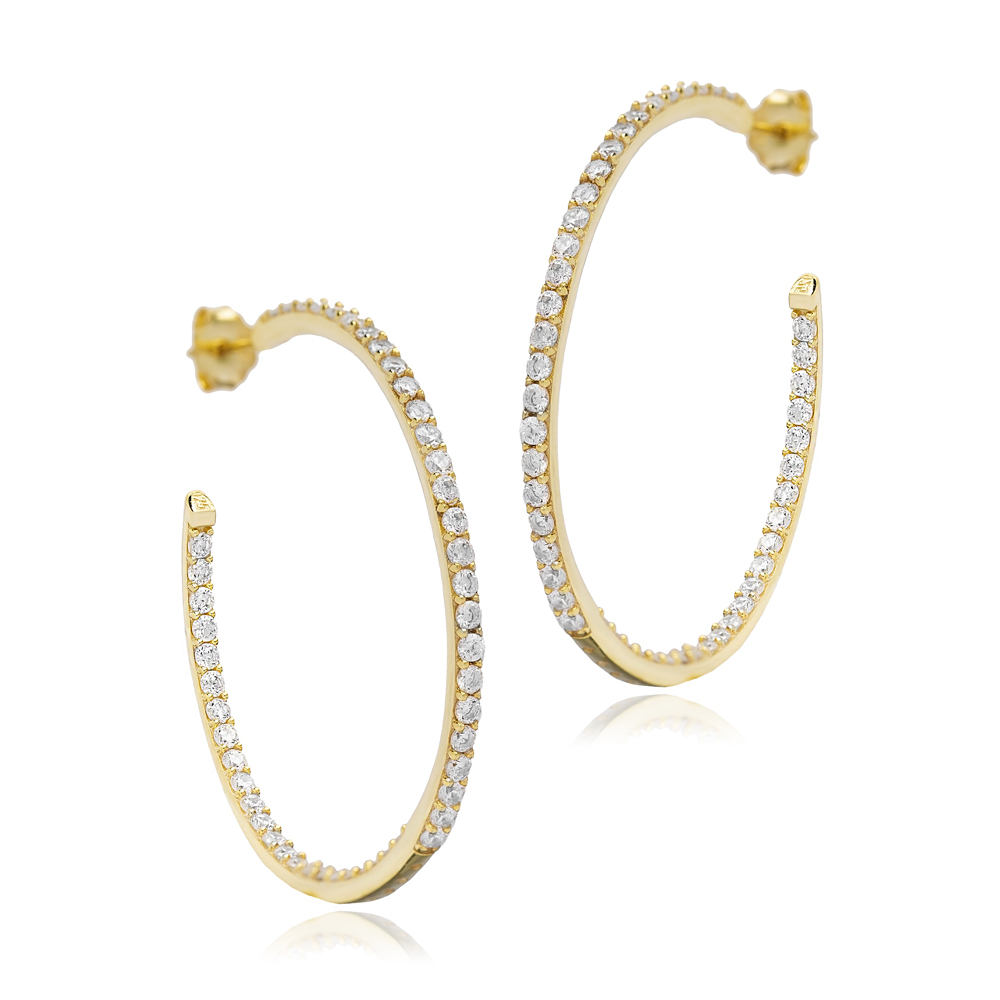 Cubic Zircon Stone Hoop Earrings Stud Turkish Wholesale Handmade 925 Sterling Silver Jewelry