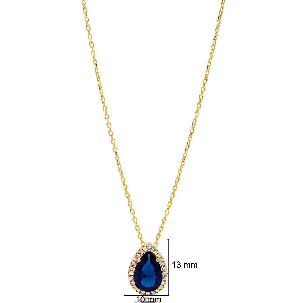 Sapphire Zircon Pear Shape Charm Necklace Wholesale Turkish Handmade 925 Sterling Silver Jewelry