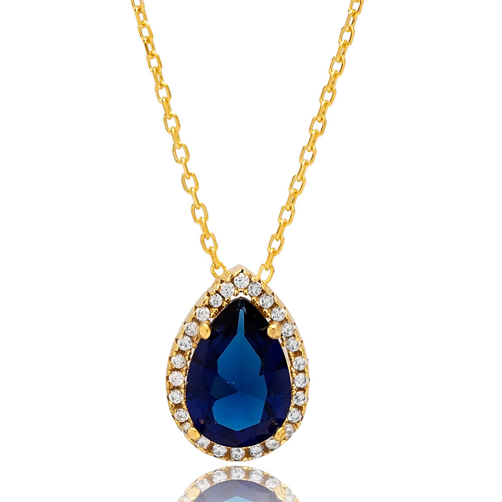 Sapphire Zircon Pear Shape Charm Necklace Wholesale Turkish Handmade 925 Sterling Silver Jewelry