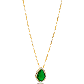 Emerald CZ Stone Pear Shape Turkish Handmade 925 Charm Necklace Sterling Silver Jewelry