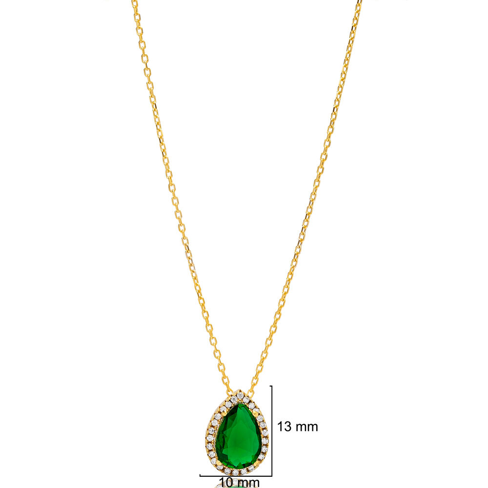 Emerald CZ Stone Pear Shape Turkish Handmade 925 Charm Necklace Sterling Silver Jewelry