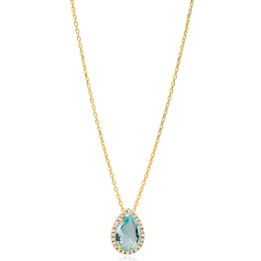 Aquamarine Pear Shape Elegant Charm Pendant Turkish Wholesale 925 Sterling Silver Jewelry