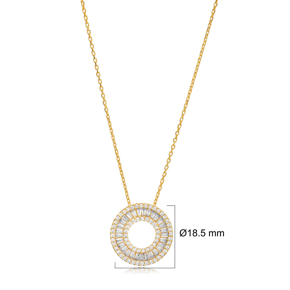 Clear Cubic Zircon Hollow Round Design Pendant Turkish Handmade 925 Sterling Silver Necklace Jewelry