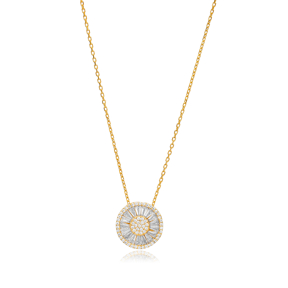 Trendy Round Design CZ Stone Charm Necklace Pendant Turkish Handmade 925 Sterling Silver Jewellery