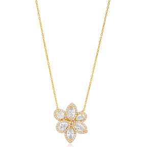 Unique Dainty Flower Design CZ Stone Charm Necklace Pendant Wholesale Turkish 925 Sterling Silver