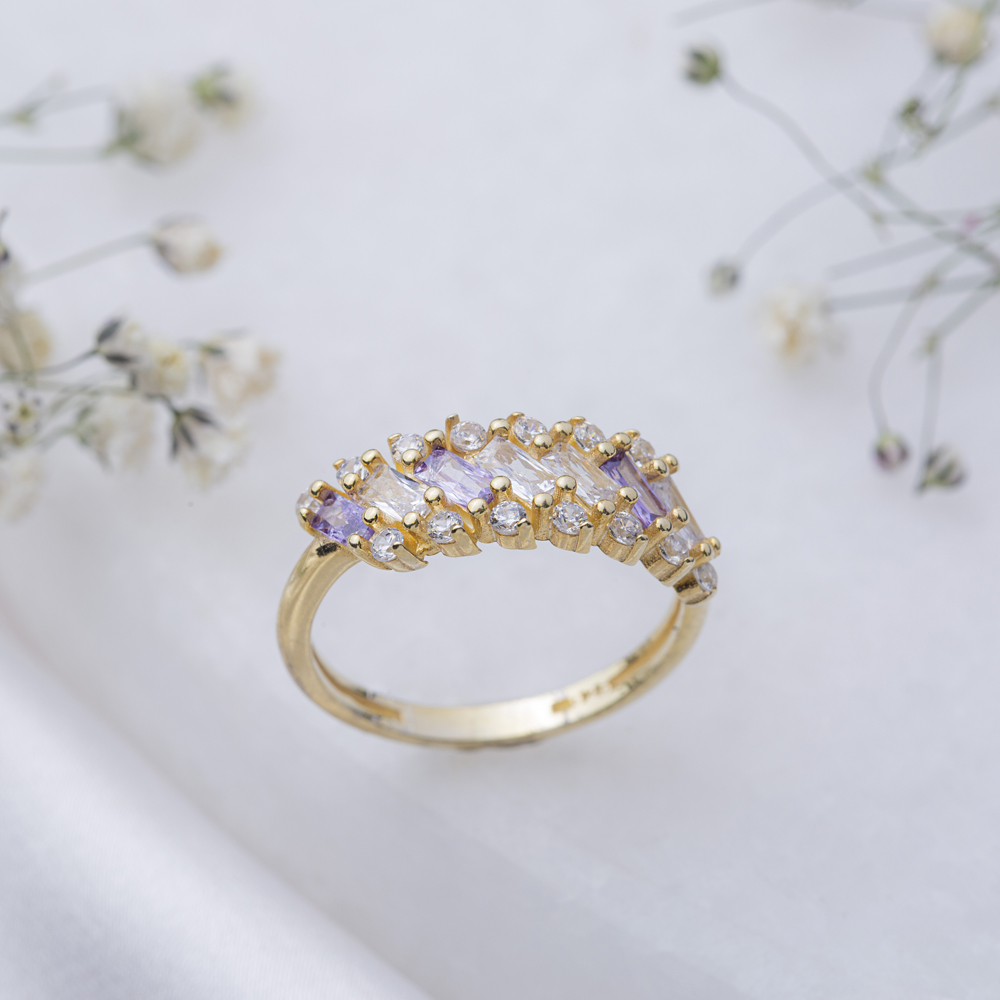 Amethyst CZ Stone Baguette Design Women Cluster Ring Turkish 925 Sterling Silver Jewellery